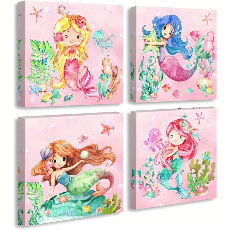 4pcs Colorful Mermaids, Seashells, And Sea Wall Art Canvas Framed