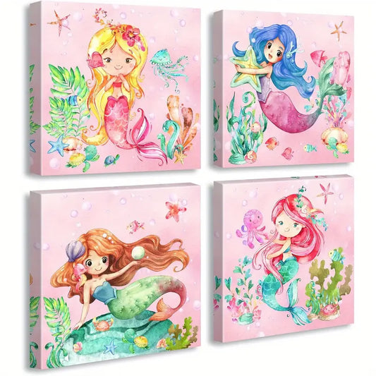 4pcs Colorful Mermaids, Seashells, And Sea Wall Art Canvas Framed
