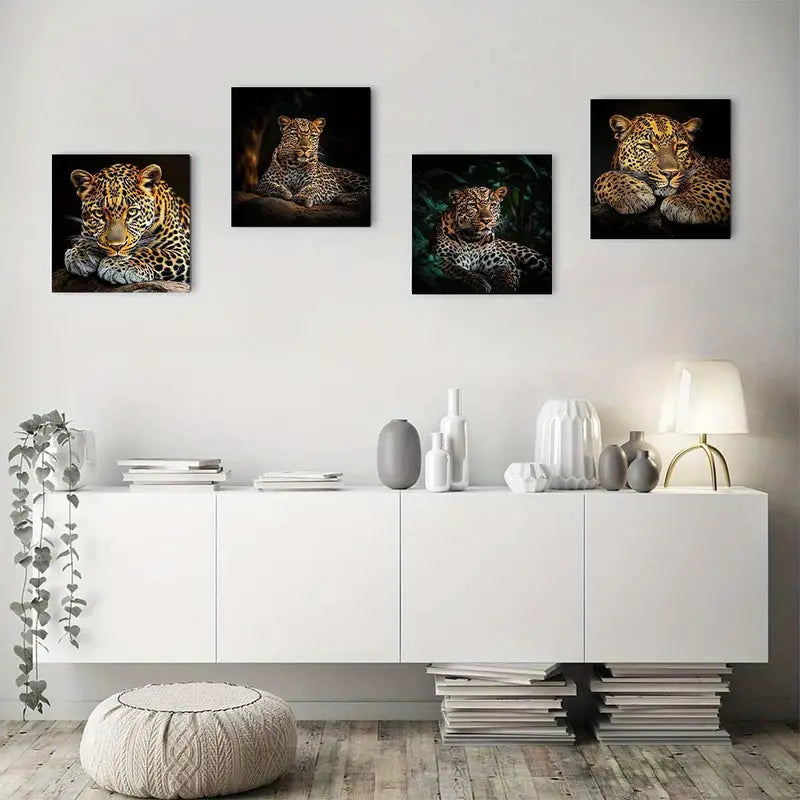 4pcs Golden Leopard Print Wall Art Canvas Framed