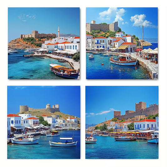 4pcs Greek Shoreline Scenery With Blue Waters Wall Art Canvas Framed