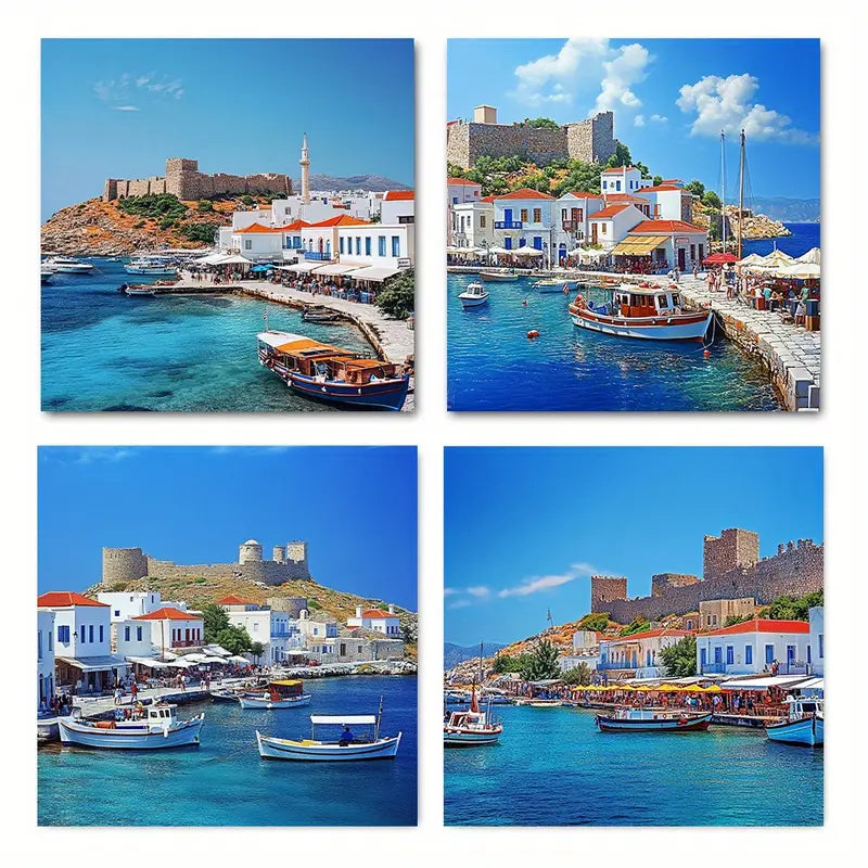 4pcs Greek Shoreline Scenery With Blue Waters Wall Art Canvas Framed