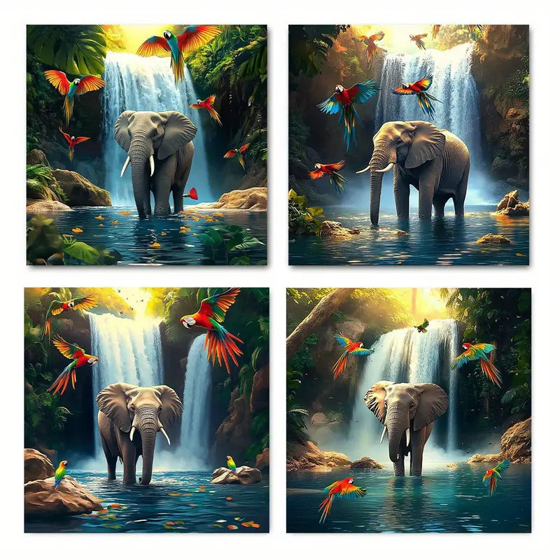 4pcs Elephant waterfall bird  op     Wall Art Canvas Framed