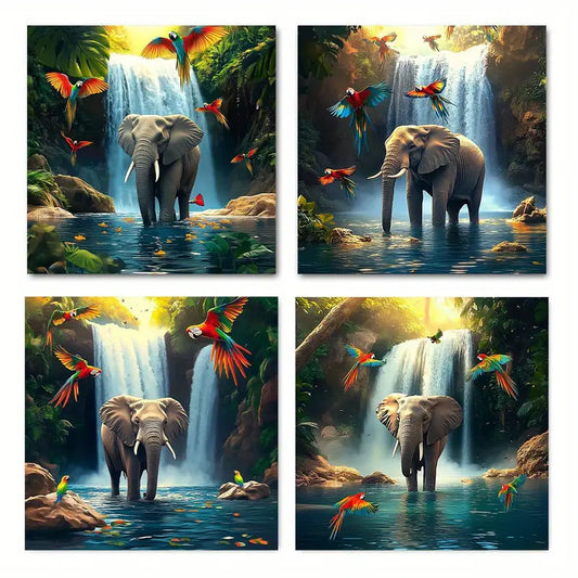 4pcs Elephant waterfall bird  op     Wall Art Canvas Framed