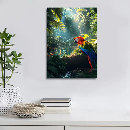 Vibrant Parrot in Jungle Scene with Rainbow 40x60cm Metal Print Ready to Hang