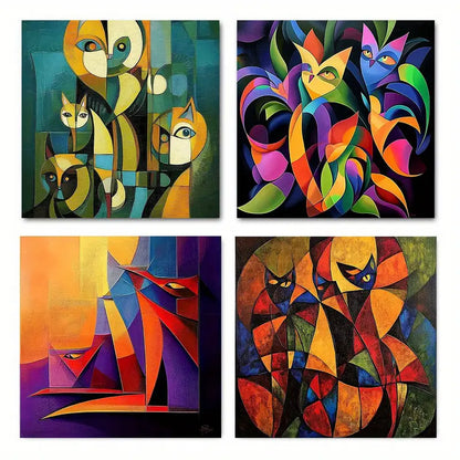 4pcs Abstract  Perfect Cat Wall Art Canvas Framed