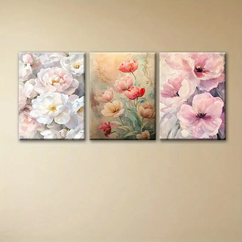 3pcs Elegant White Floral, Pink & Red Flowers Metal Print Ready to Hang Art