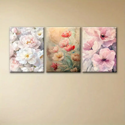 3pcs Elegant White Floral, Pink & Red Flowers Metal Print Ready to Hang Art