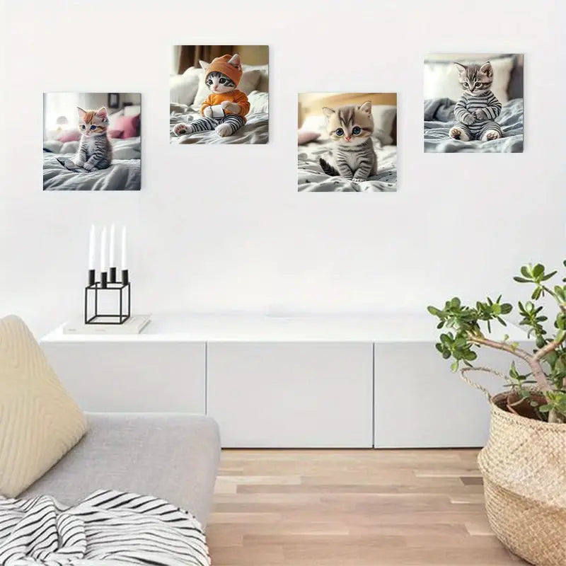 4pcs Adorable Gray Tabby Kitten Stylish  FT  Wall Art Canvas Framed