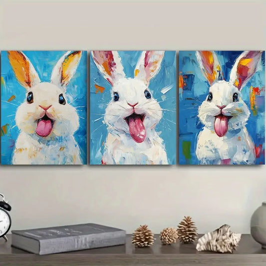 3pcs Paintings Featuring Rabbits Blue Paintings Metal Print Ready to Hang Art