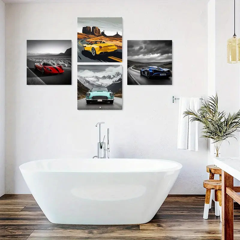 4pcs Yellow,Red,Blue Sports Car  Wall Art Canvas Framed