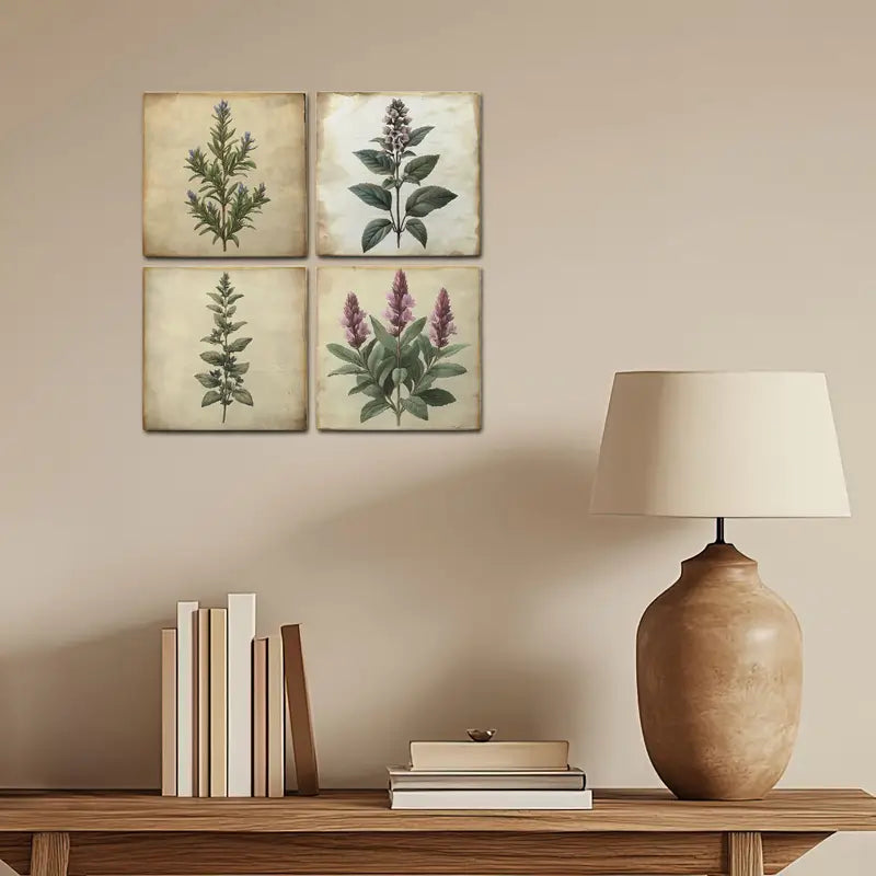 4pcs Green Leaves & Purple Flowers Wall Art Canvas Framed
