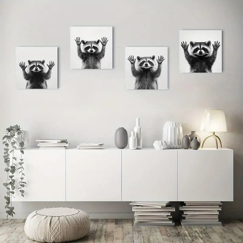 4pcs Vintage Abstract Raccoon Canvas Art Prints   Wall Art Canvas Framed
