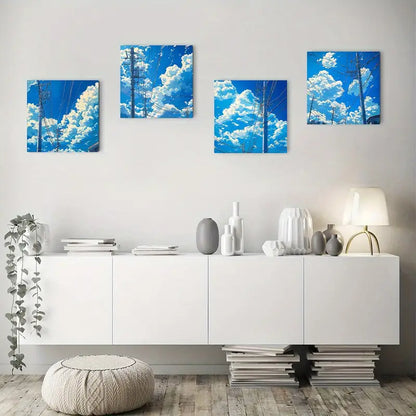 4pcs Vibrant Blue Sky & Power Lines Design Wall Art Canvas Framed