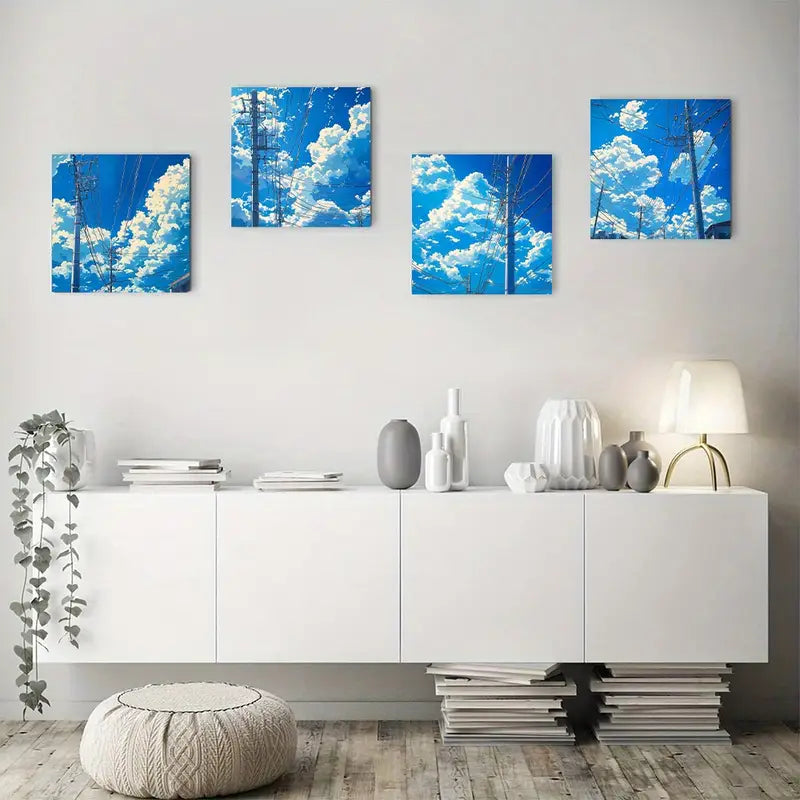 4pcs Vibrant Blue Sky Wall Art Canvas Framed
