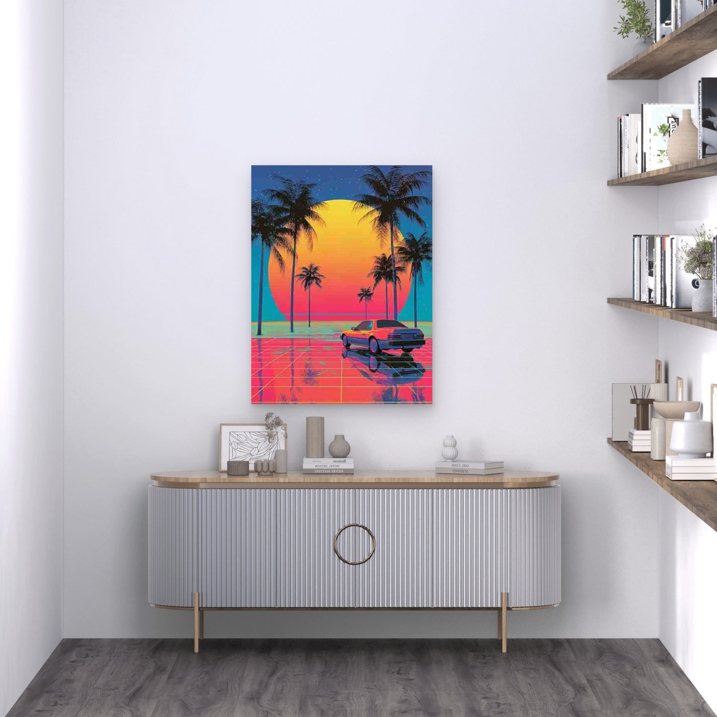 Retro Palm Trees & Classic Car 60x90cm Metal Print Ready to Hang