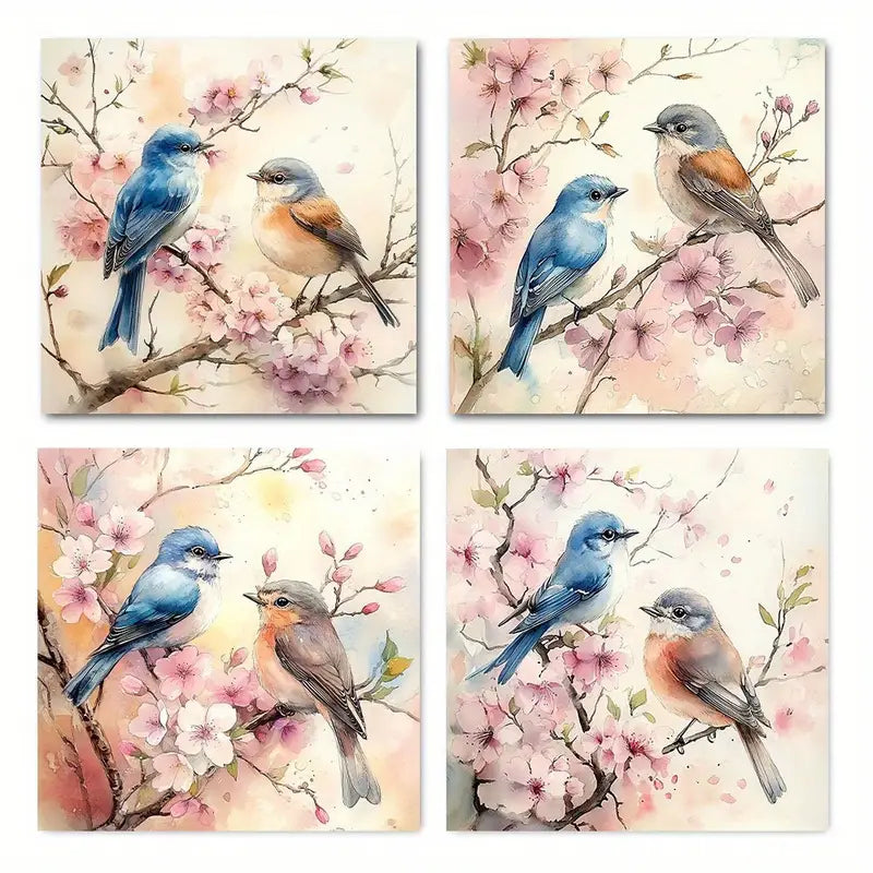 4pcs  Charming Country Birds Floral CC Wall Art Canvas Framed