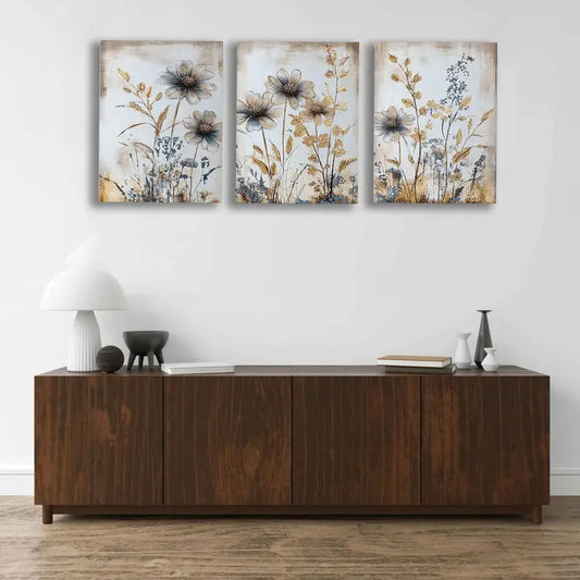 3pcs Vintage Blue & Golden Floral Canvas Metal Print Ready to Hang Art