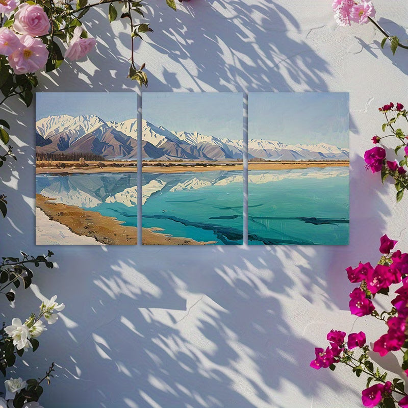 3pcs Tranquil Taldzor Lake & Snowy Mountains Wall Art Set Canvas Framed 60x90cm - High Quality Print 100% Australian Made Wall Canvas Ready to Hang
