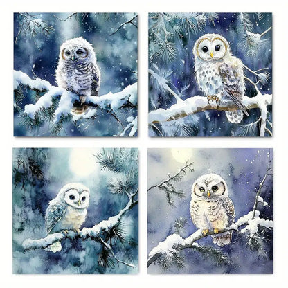 4pcs Arctic Snowy Owl In Winter Forest Wall Art Canvas Framed