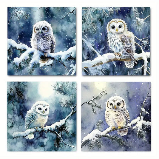 4pcs Arctic  Snowy Owl In Winter Forest Wall Art Canvas Framed