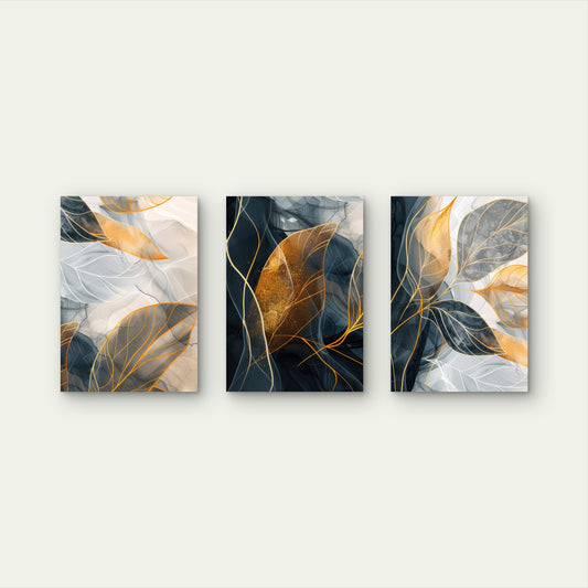3pcs Navy Grey Gold Leaf Abstract Botanical Wall Art Set Canvas Framed 60x90cm - High Quality Print 100% Australian Made Wall Canvas Ready to Hang