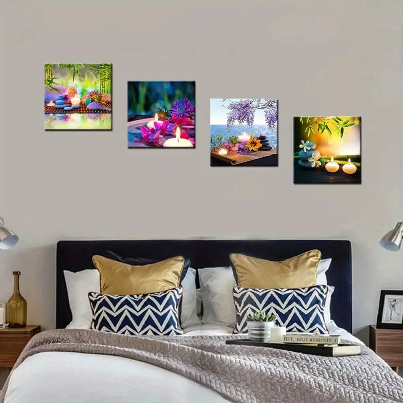 4pcs Bamboo, for Lotus & Candle Design   Wall Art Canvas Framed