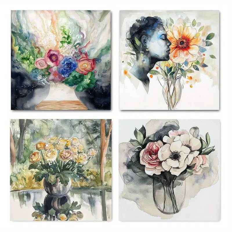 4pcs Vintage White Flower Printing Wall Art Canvas Framed