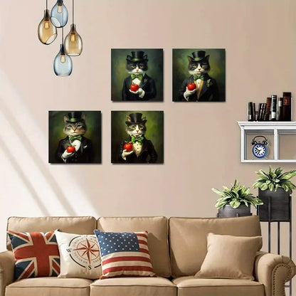 4pcs Inspired Formal Attire Cats with Apples Wall Art Canvas Framed