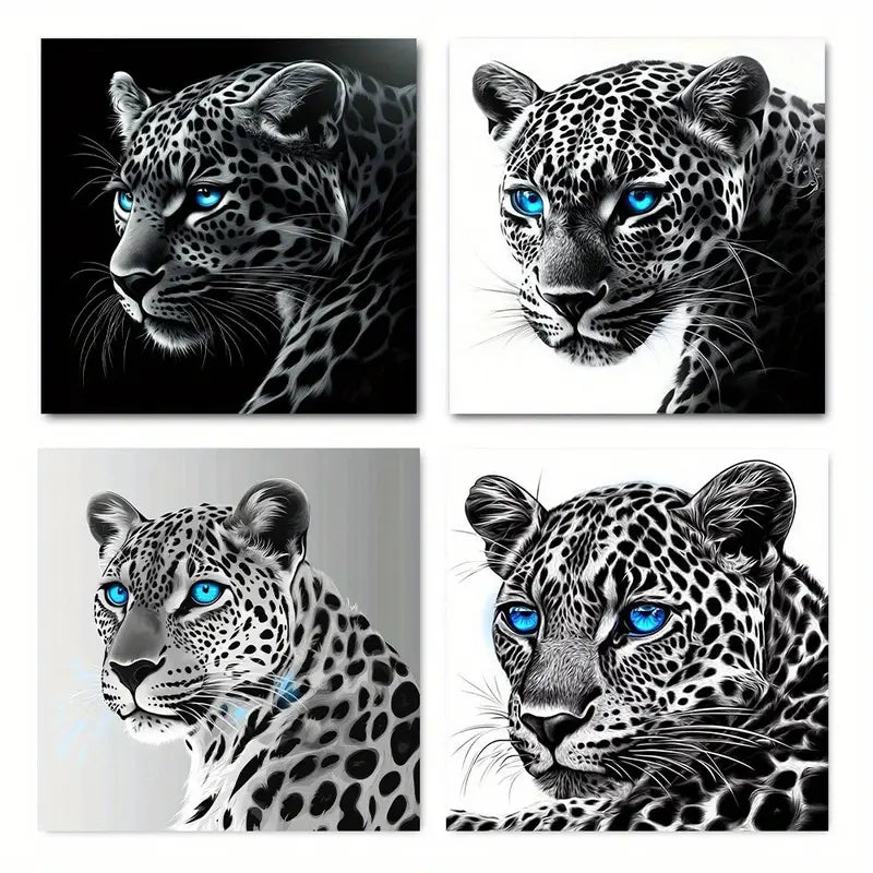 4pcs Modern Elegant Black & White LeopardWall Art Canvas Framed