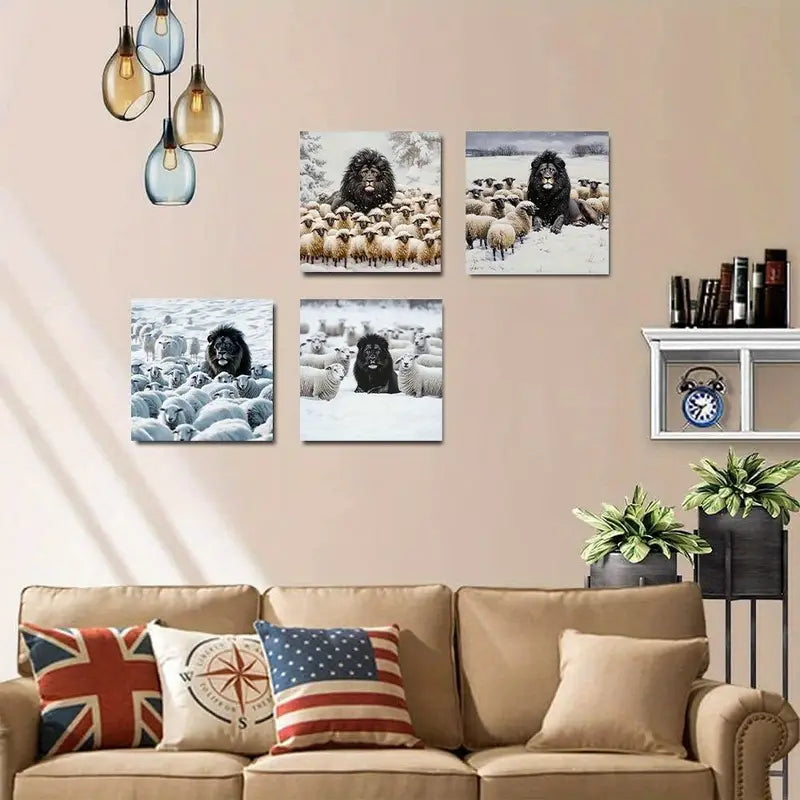 4pcs Winter Scenes With Lion & Sheep Contrast Wall Art Canvas Framed