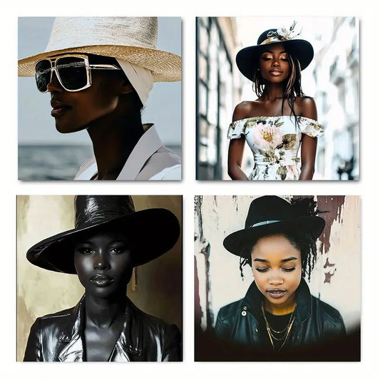 4pcs Black & Golden Female Portrait Wall Art Canvas Framed