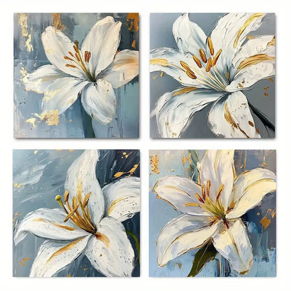 4pcs Golden White Lilies On Blue Background Wall Art Canvas Framed
