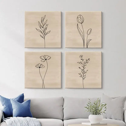 4pcs Floral Line Tulip & Botanical FL Wall Art Canvas Framed