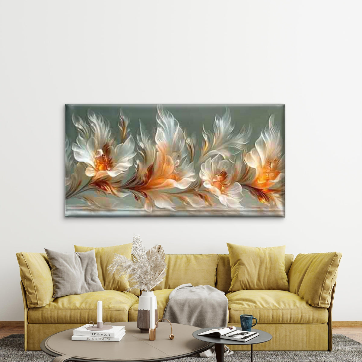 White and Orange Floral Design Wall Art Canvas Office Home Room Framed 120x60cm