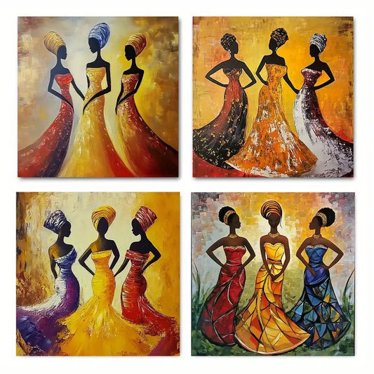 4pcs Black African Woma Art Deco  Wall Art Canvas Framed