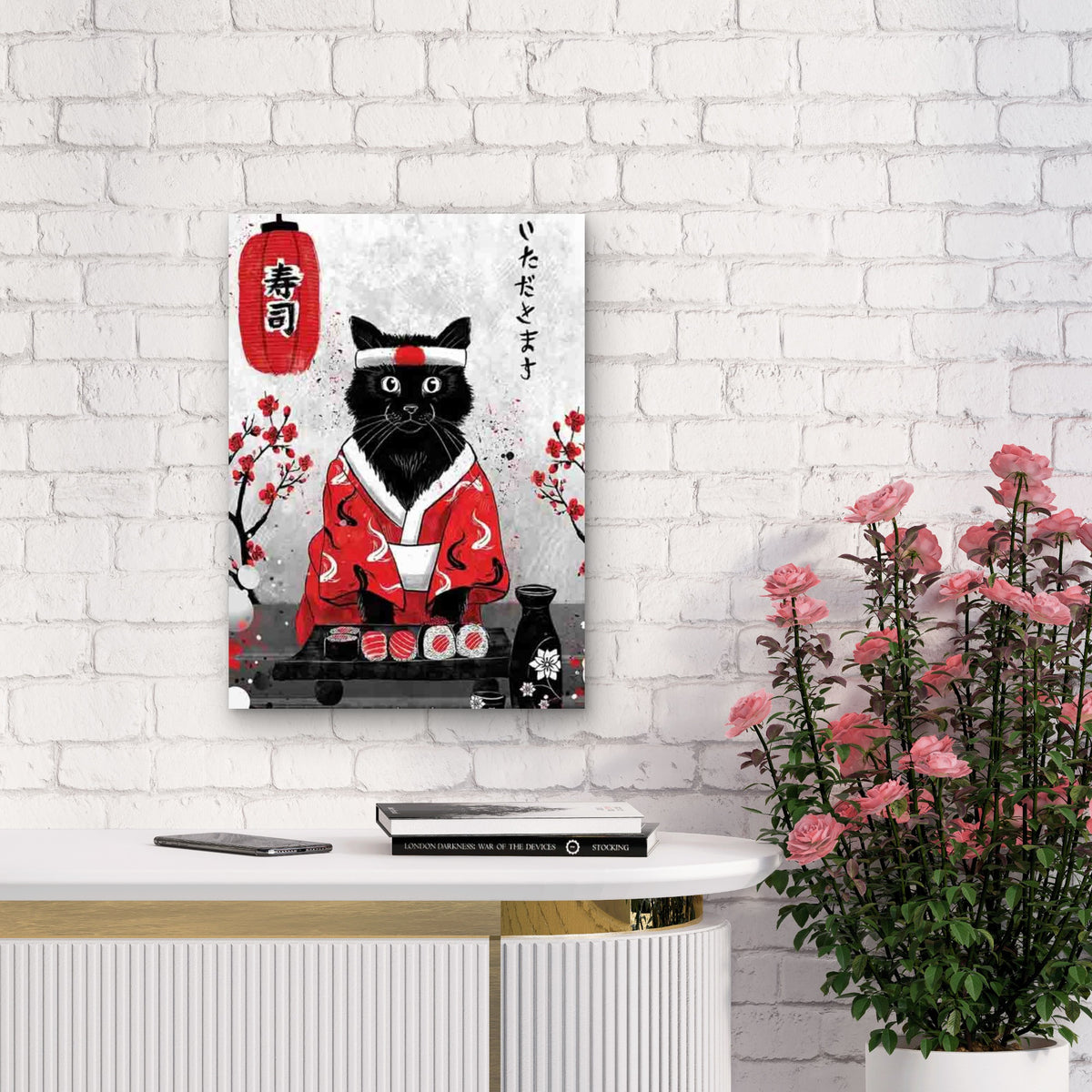 Black & White Cat, Sushi & Cherry Blossoms Metal Print Ready to Hang