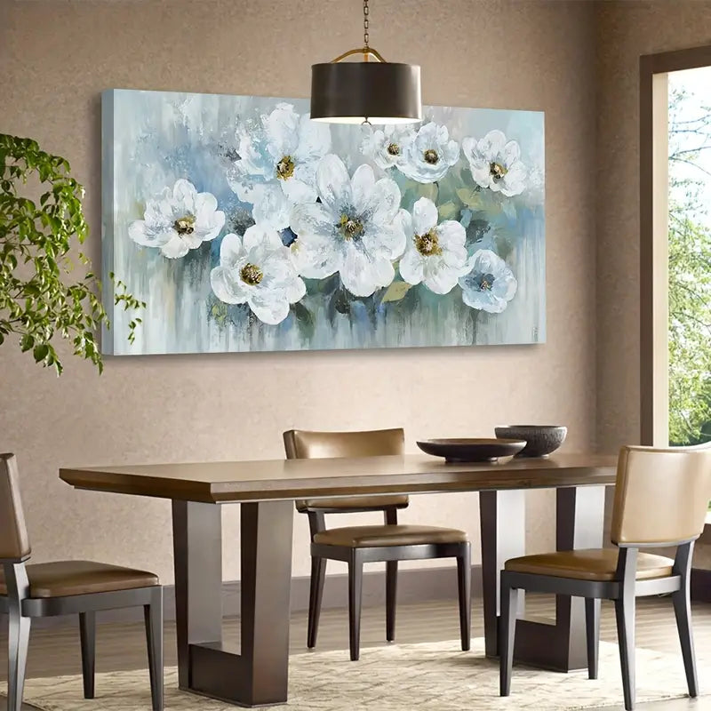 Rustic White Flowers Abstract Floral Wall Art canvas office home room framed 120x60cm