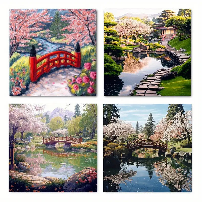 4pcs Cherry Tree Gazebo Pon Wall Art Canvas Framed