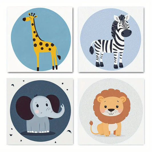 4pcsElephant, Giraffe, Zebra, Lion - Whimsical  Wall Art Canvas Framed