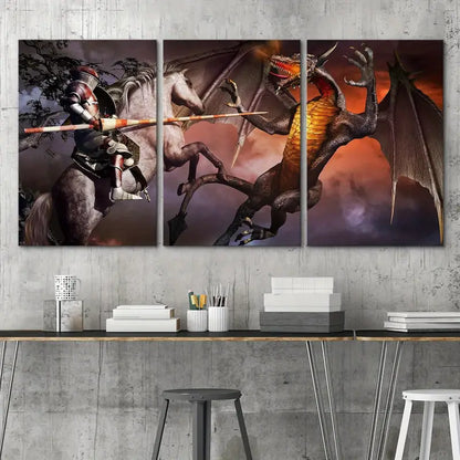 3pcs Armored Knight Jousting Magic Dragon Fantasy Metal Print Ready to Hang Art