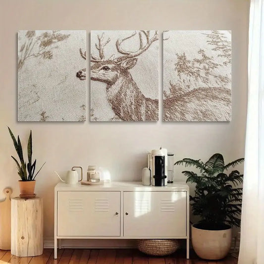 3pcs Beige Glitter Deer Brown Line Design Metal Print Ready to Hang Art