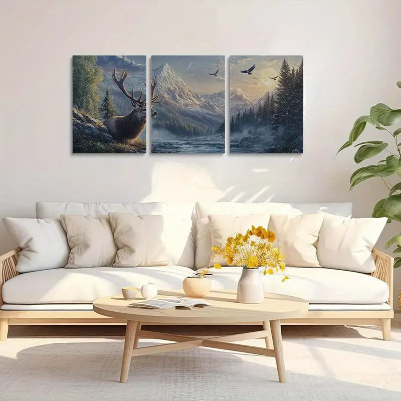 3pcs Majestic Deer Head with Antlers, Pine Trees & Moonlit Sky Metal Print Ready to Hang Art