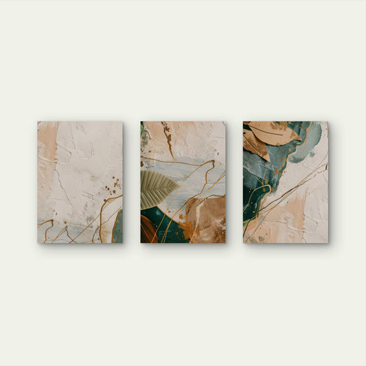 3pcs Modern Green Beige Abstract Leaf Art Wall Art Set Canvas Framed 50x70cm - High Quality Print 100% Australian Made Wall Canvas Ready to Hang