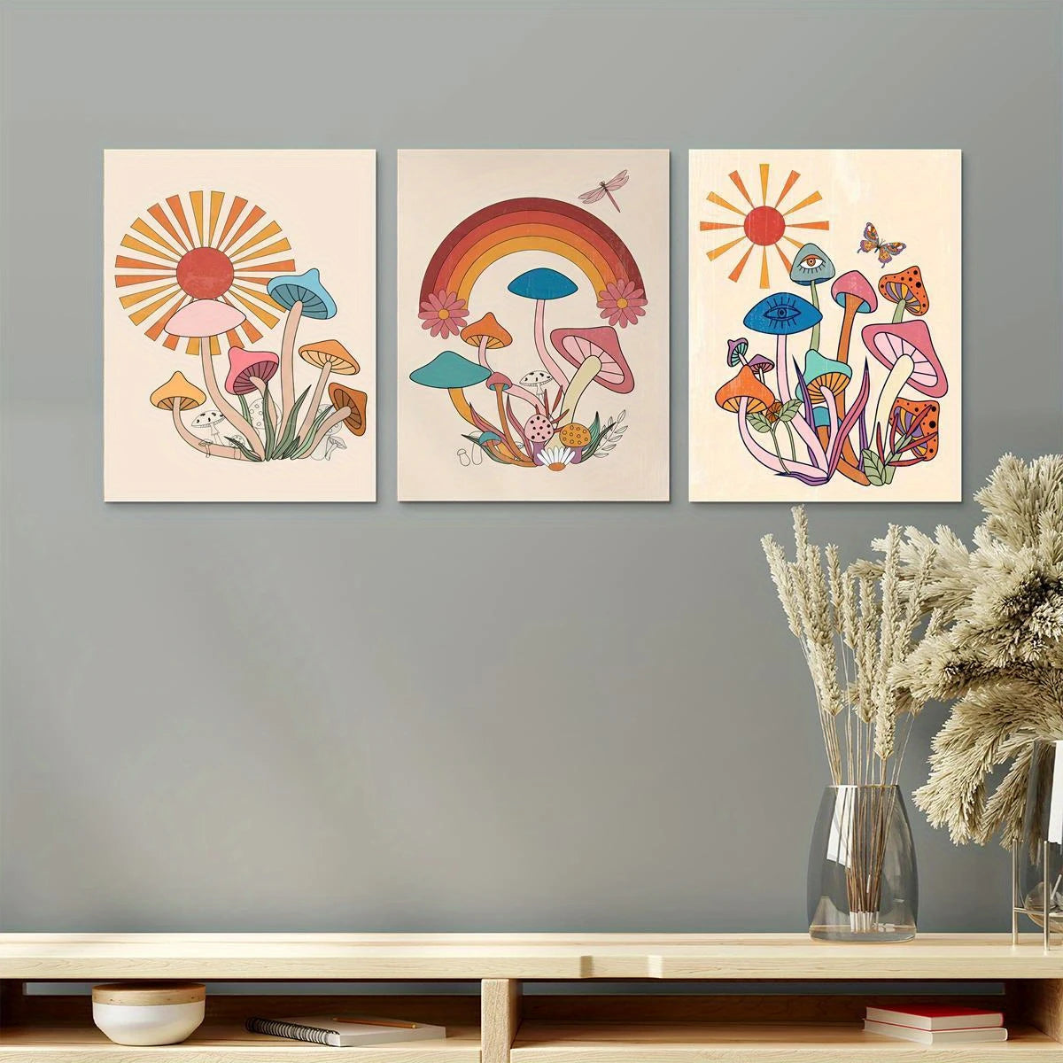 3pcs Mushroom Art, Boho, Bohemian Style Metal Print Ready to Hang Art