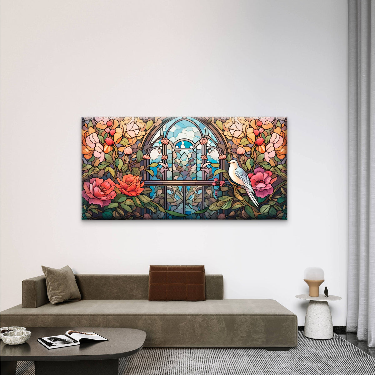 White Bird Floral Arch Wall Art Canvas Office Home Room Framed 120x60cm