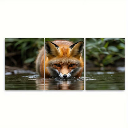 3pcs Curious Wild Fox Drinking from River Metal Print Ready to Hang Art