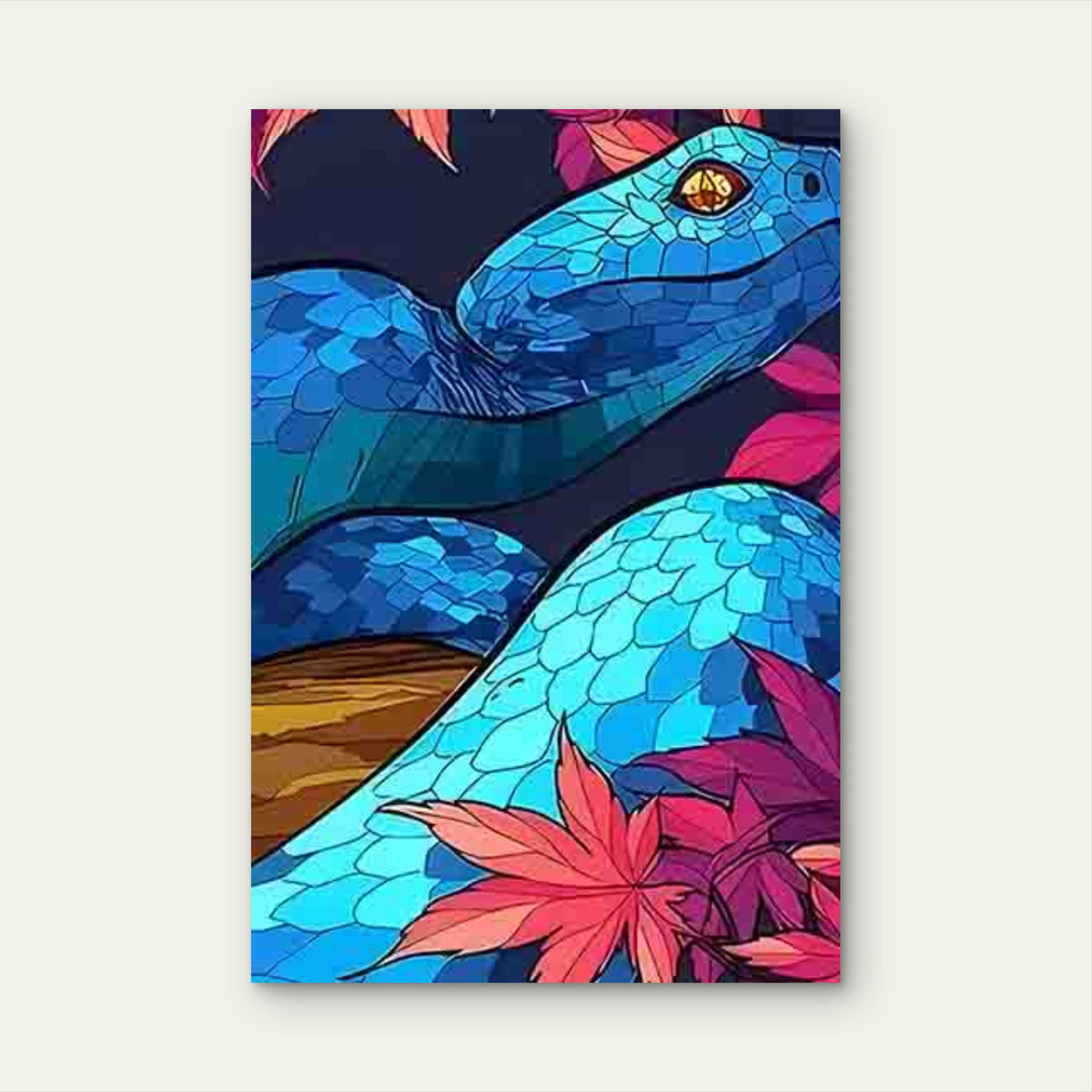 Blue-Scaled Snake with Pink Maple Leaves 40x60cm Metal Print Ready to Hang