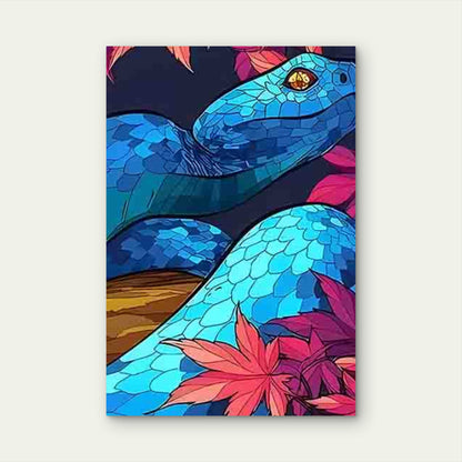 Blue-Scaled Snake with Pink Maple Leaves 40x60cm Metal Print Ready to Hang