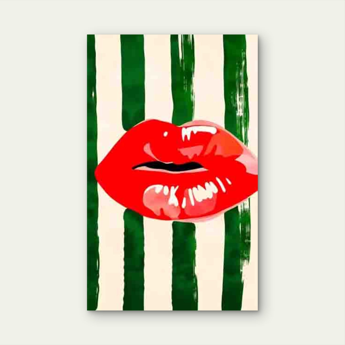Red Lips In Green And White Stripped Background Metal Print Ready to Hang