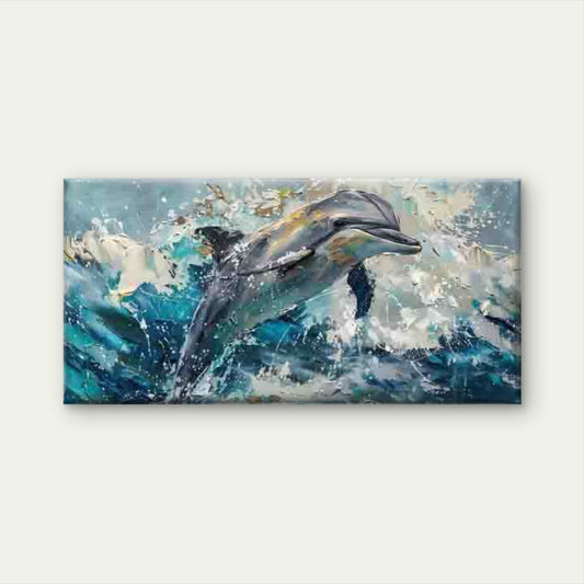 Ocean Waves & Jumping Dolphin Wall Art Canvas Office Home Room Framed 120x60cm